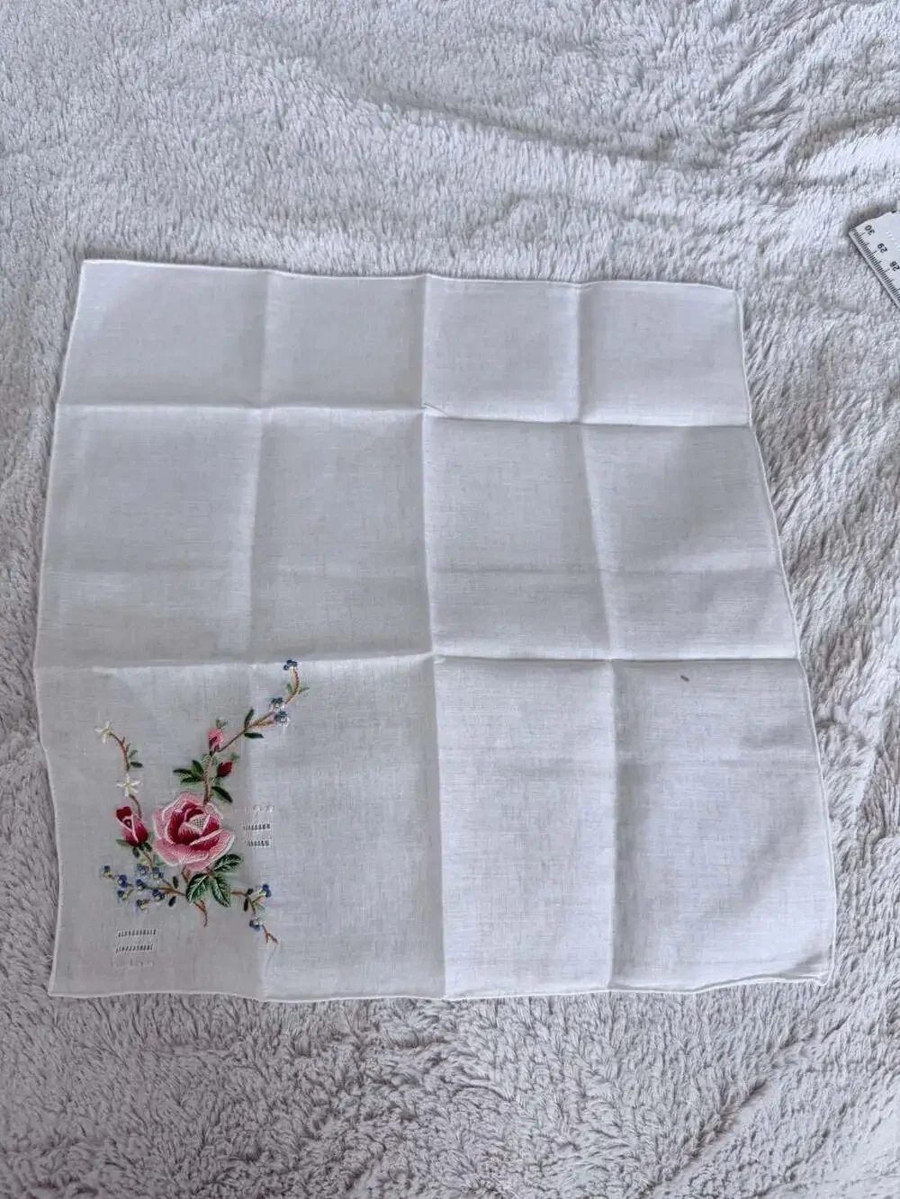 Vintage Embroidered Floral Handkerchief with Pink Rose Motif